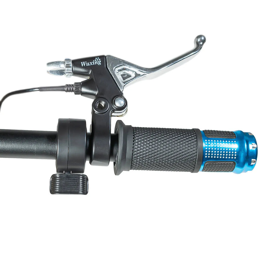 Electric vehicle handlebar section in multiple colours showing 5-core wiring and IPX4 waterproof rating