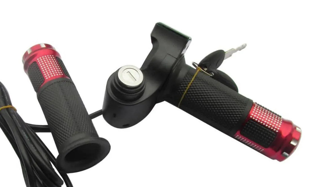 Electric vehicle handlebar section in multiple colours showing 5-core wiring and IPX4 waterproof rating