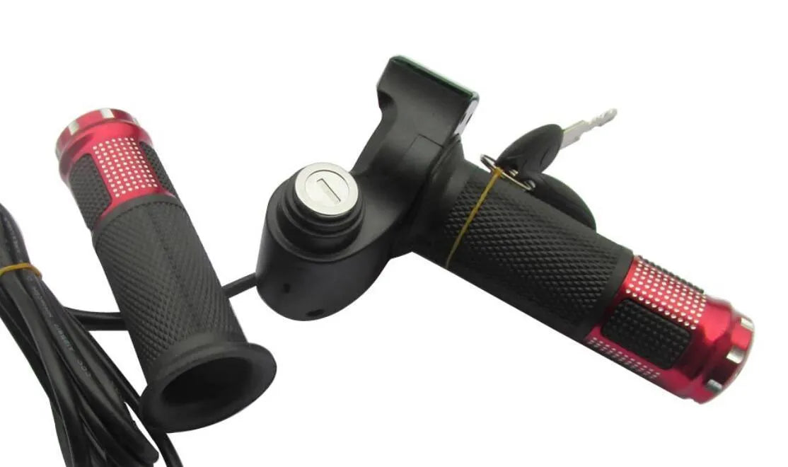 Electric vehicle handlebar section in multiple colours showing 5-core wiring and IPX4 waterproof rating
