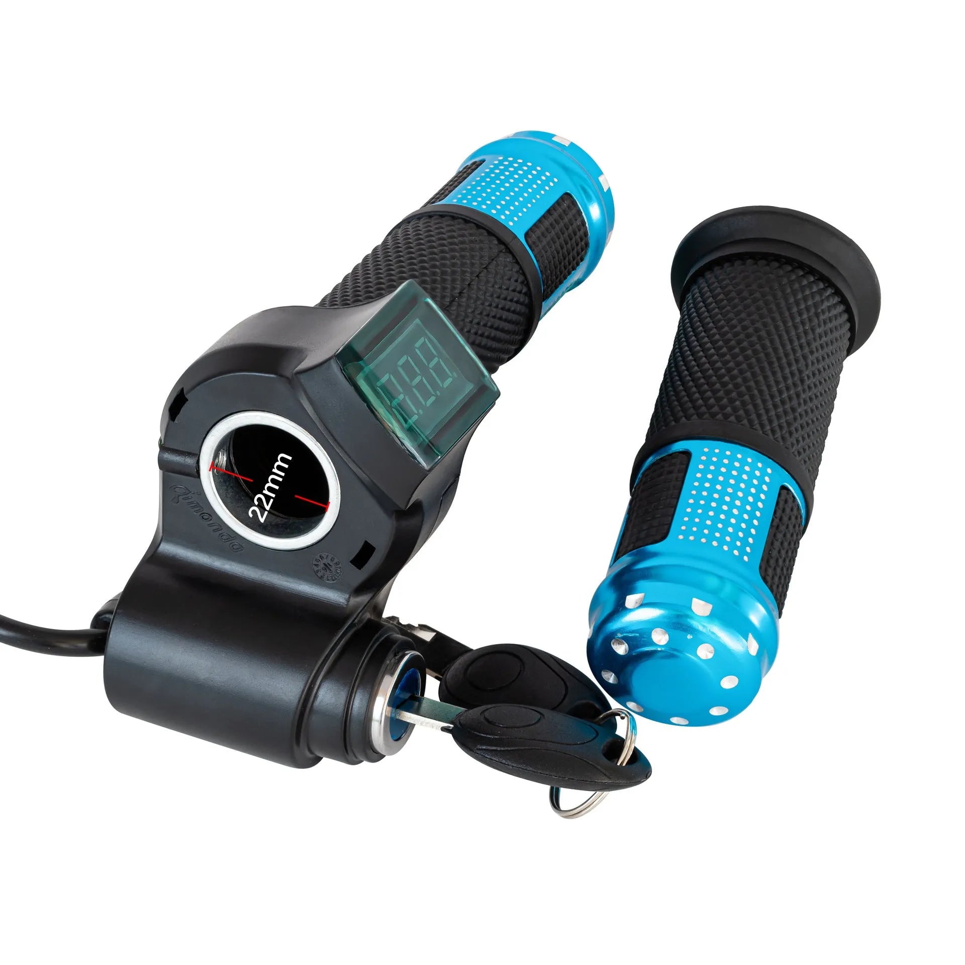Electric vehicle handlebar section in multiple colours showing 5-core wiring and IPX4 waterproof rating