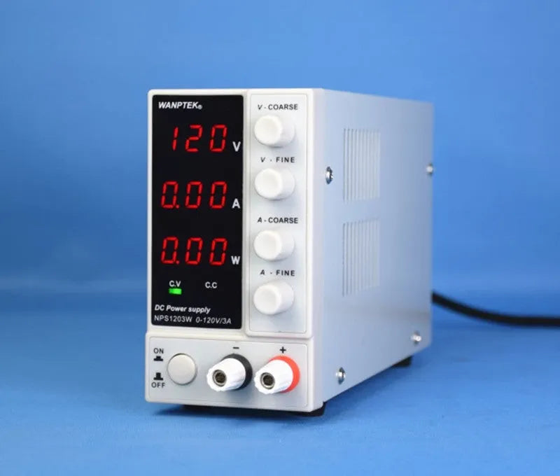 White adjustable DC bench power supply with display, model S605W, for electronics testing.