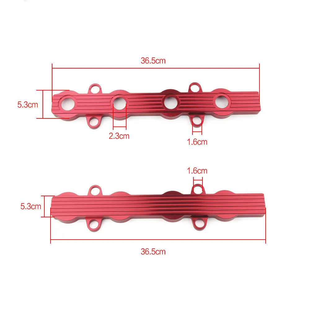 Aluminium alloy engine hood cover in blue, red, and silver, showing both solid and pre-drilled hole format options.