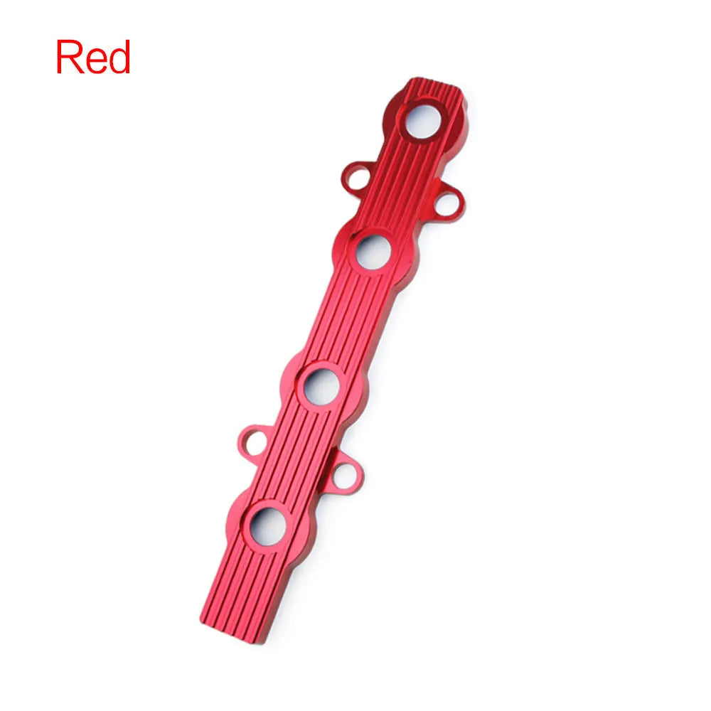 Aluminium alloy engine hood cover in blue, red, and silver, showing both solid and pre-drilled hole format options.