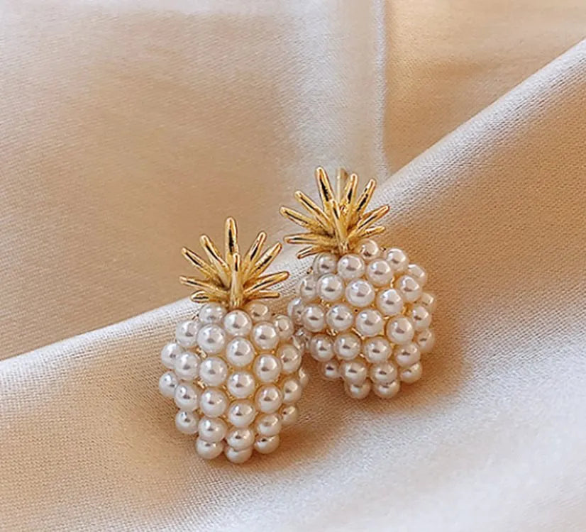 Korean style pineapple starfish pearl earrings with artificial gem inlays in gold, silver colours