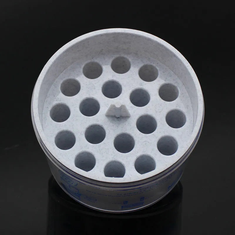 Laboratory cooling box with orange metal block and blue plastic cover for gradient freezing applications