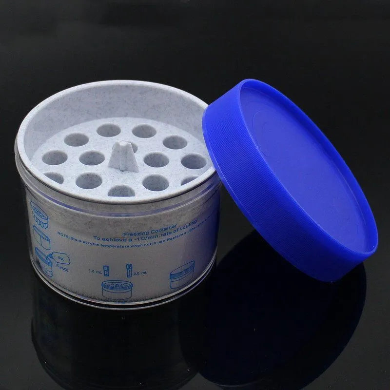 Laboratory cooling box with orange metal block and blue plastic cover for gradient freezing applications