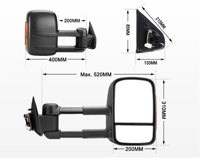 Black electric exterior rear view mirror for Nissan NP300 D23 with integrated indicator light.