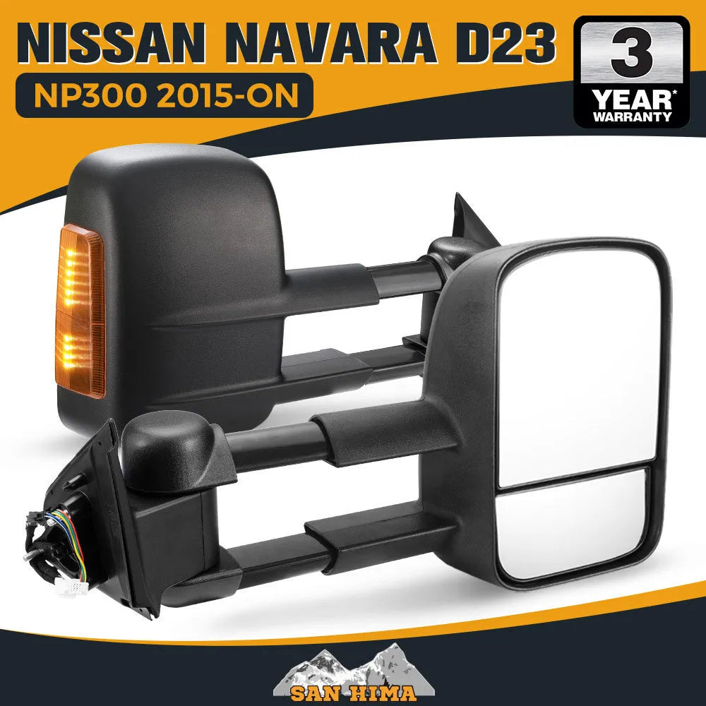 Black electric exterior rear view mirror for Nissan NP300 D23 with integrated indicator light.