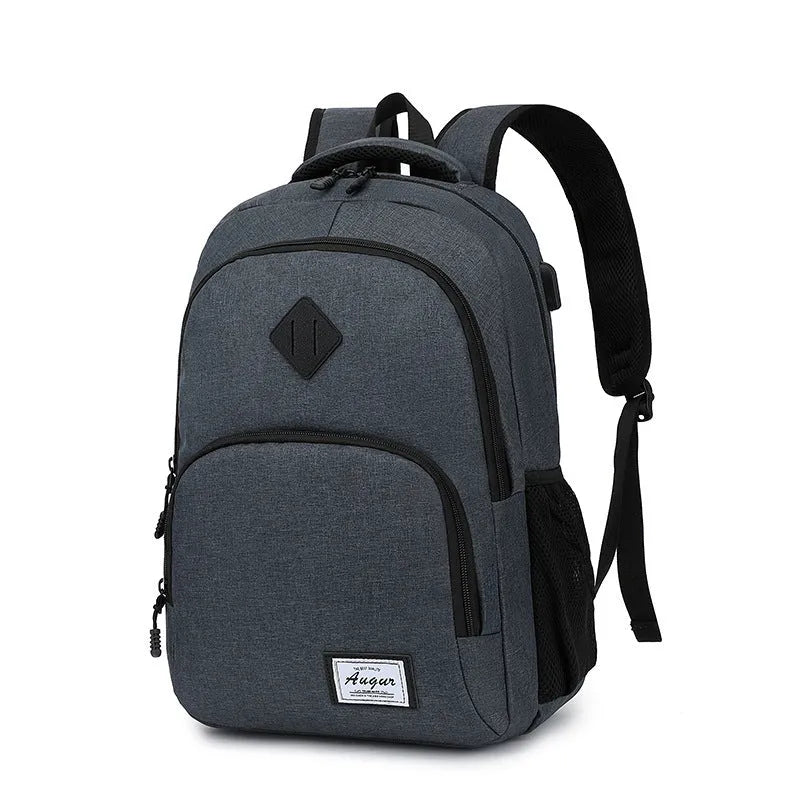 Black nylon backpack with USB charging port showing dimensions 32cm length 46cm height
