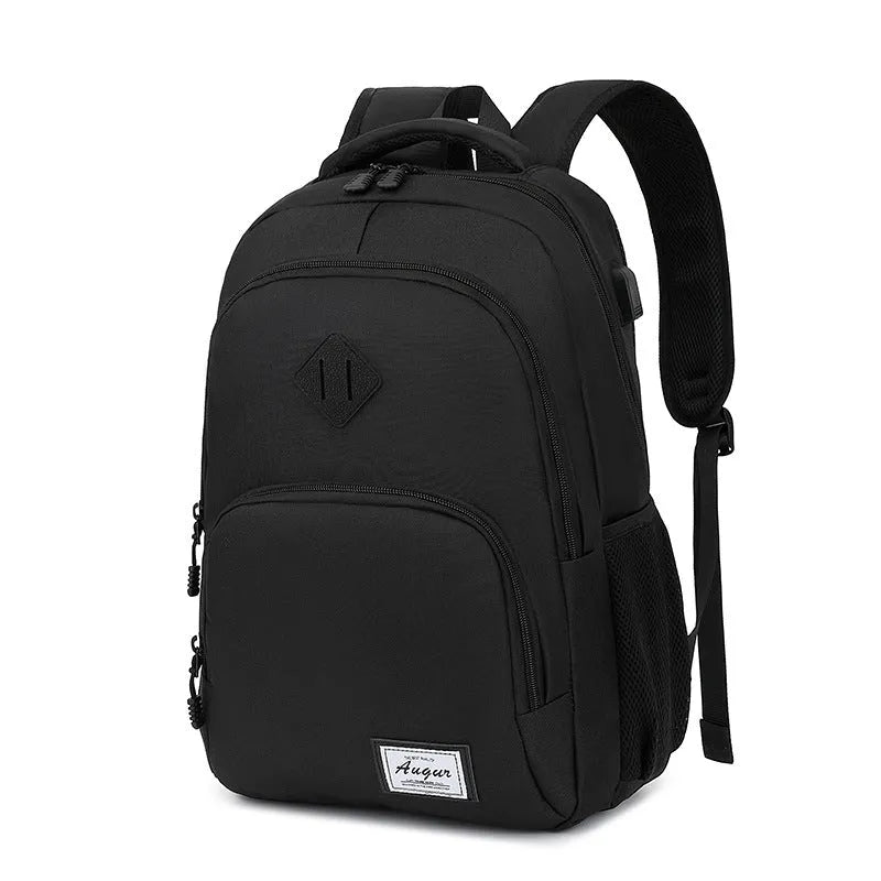 Black nylon backpack with USB charging port showing dimensions 32cm length 46cm height