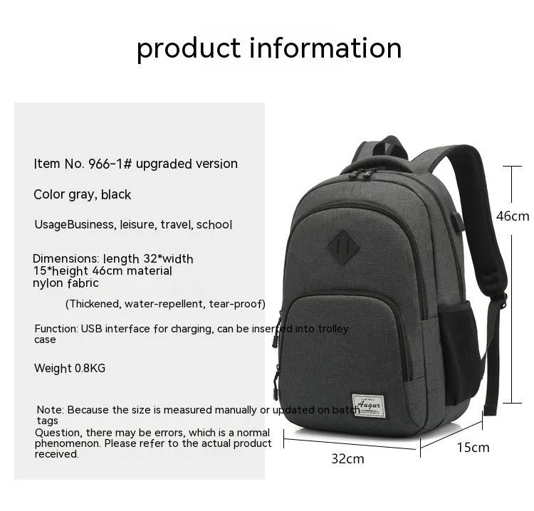 Black nylon backpack with USB charging port showing dimensions 32cm length 46cm height