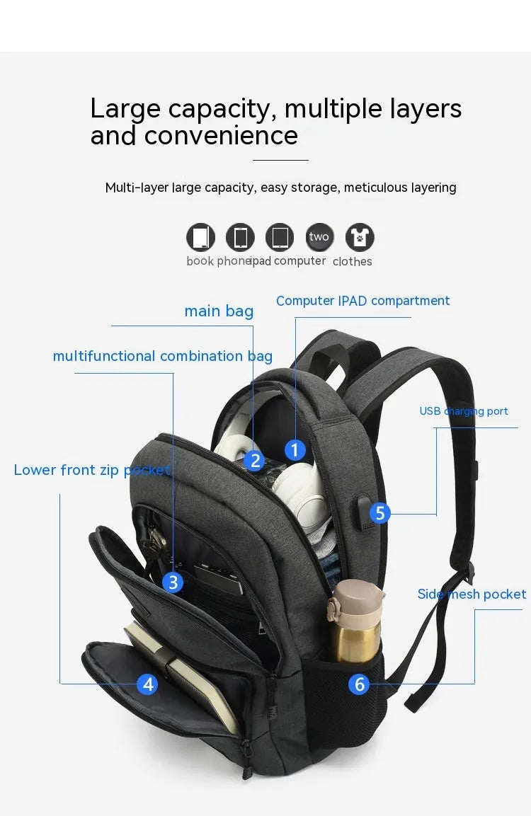 Black nylon backpack with USB charging port showing dimensions 32cm length 46cm height