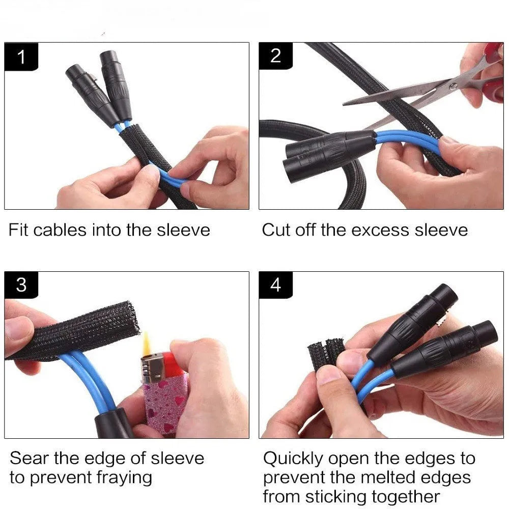 Black self-winding mesh sleeve for automotive wire protection with multiple diameter options