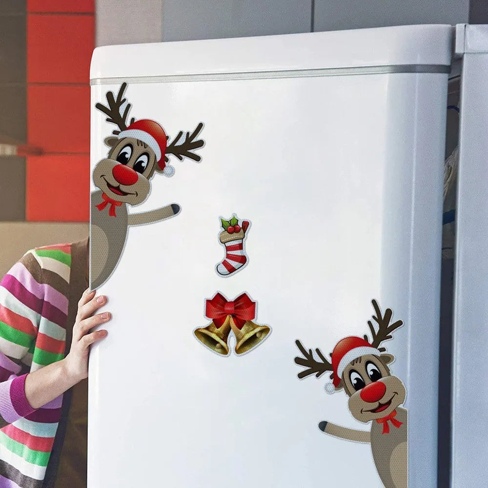 Cartoon Christmas elk and bell design magnetic bumper stickers with reflective and luminous properties.