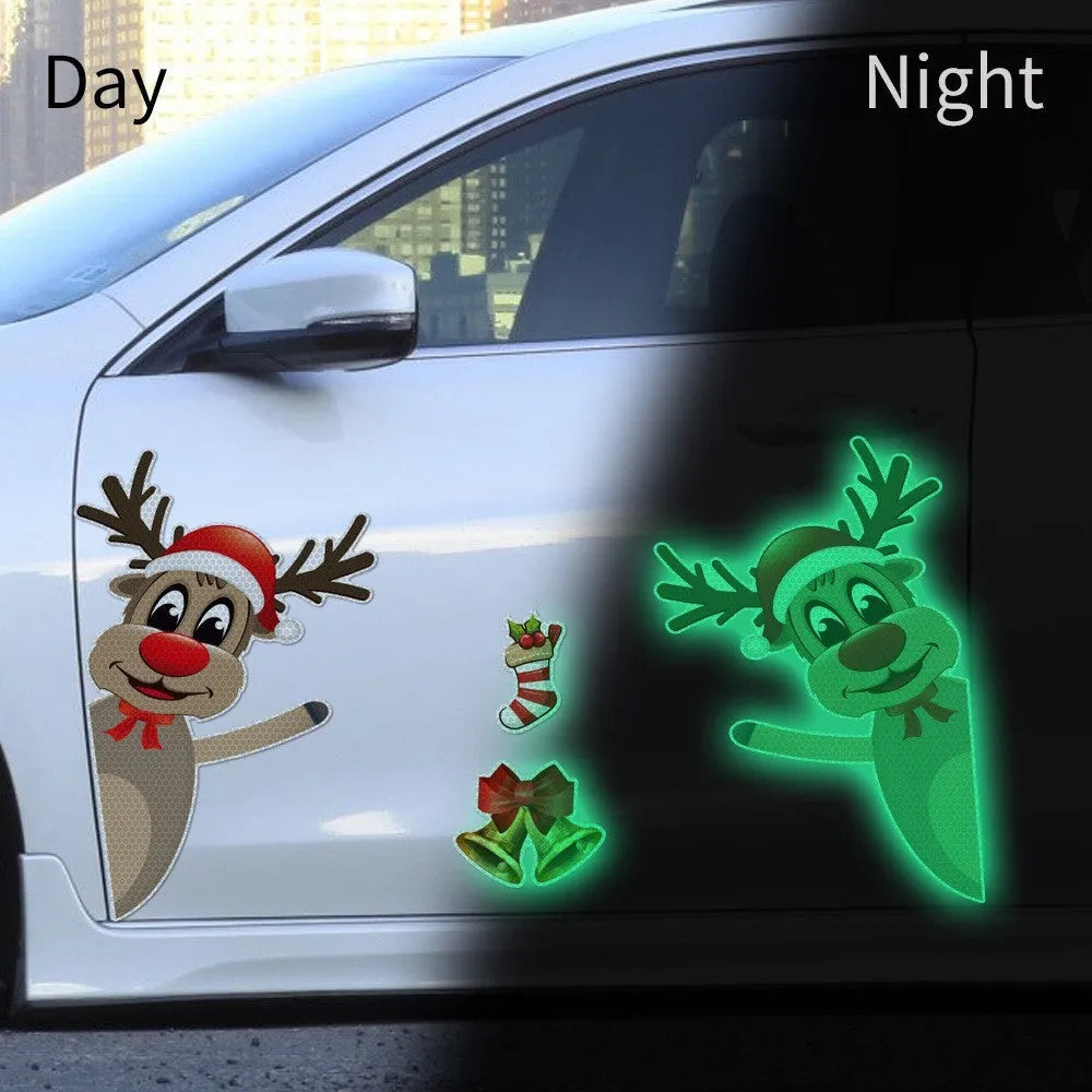 Cartoon Christmas elk and bell design magnetic bumper stickers with reflective and luminous properties.