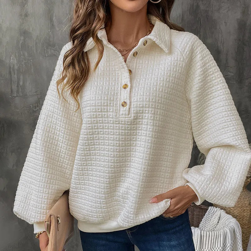 Women's solid colour thick sweater with a textured polo collar, shown in milky white.