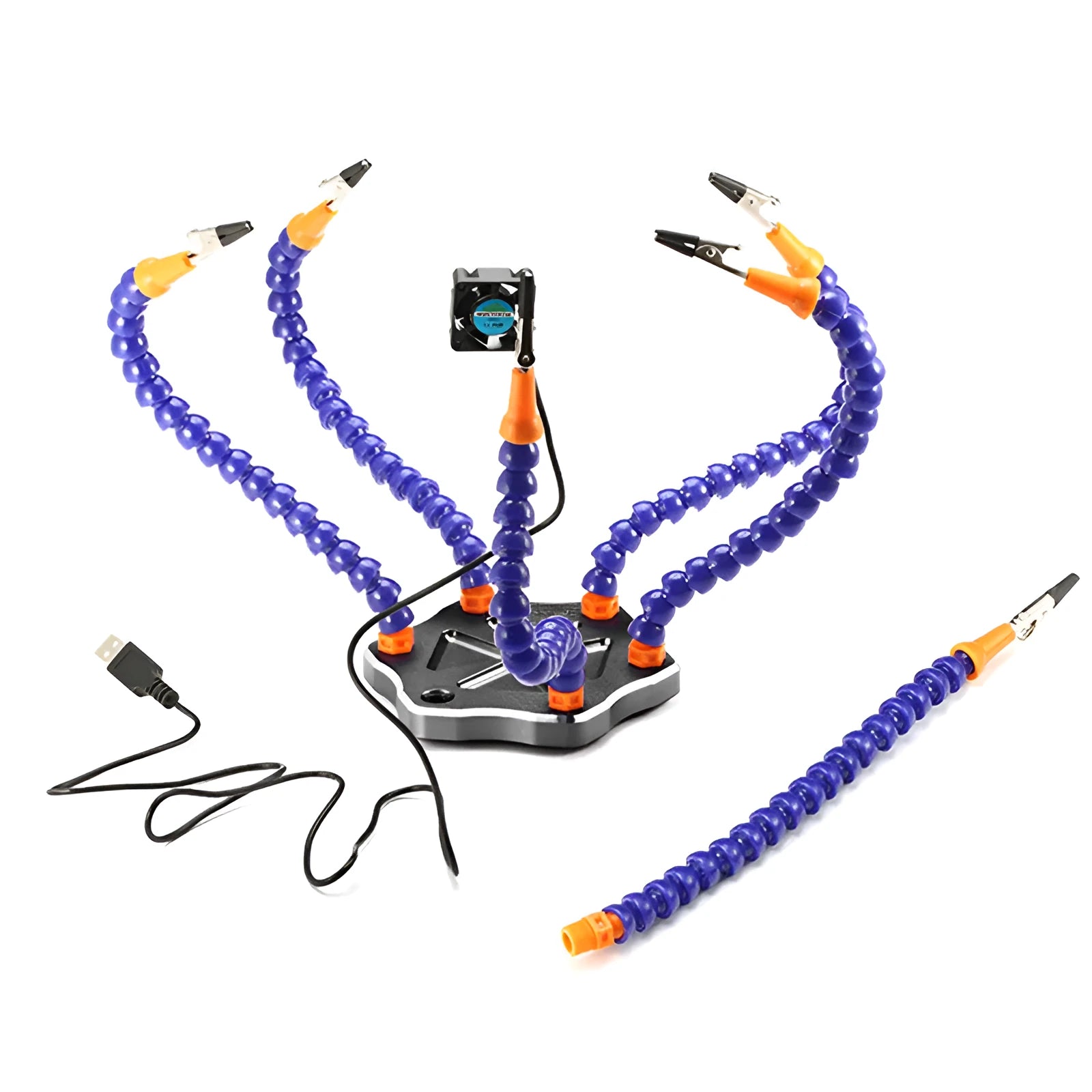 Black aluminium alloy six-claw welding station with multiple adjustable arms for model repair