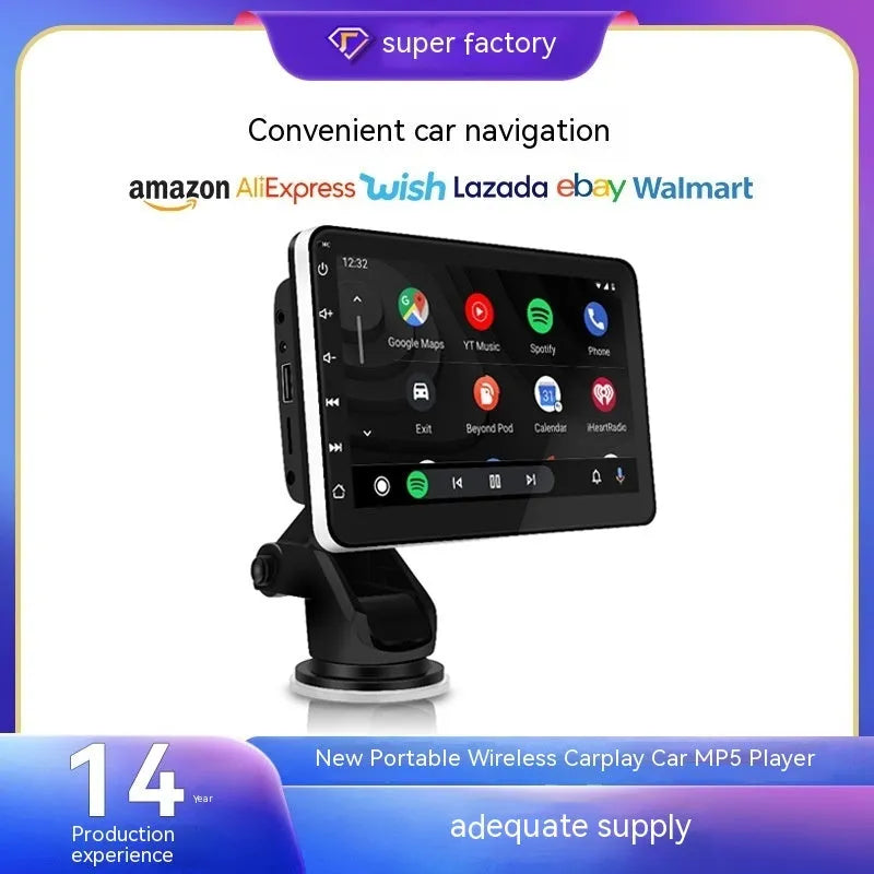Wireless CarPlay car navigator with 7-inch OLED display and reversing camera on universal bracket