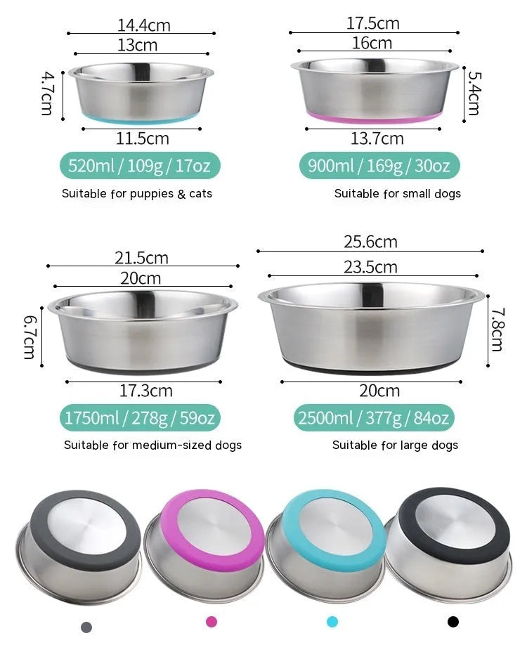 Silicone pet bowl with stainless steel interior in black, shown on floor with anti-slip ring around base