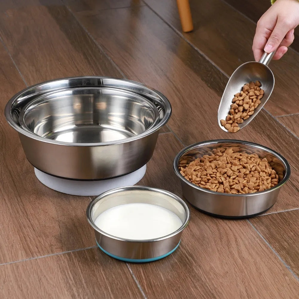Silicone pet bowl with stainless steel interior in black, shown on floor with anti-slip ring around base