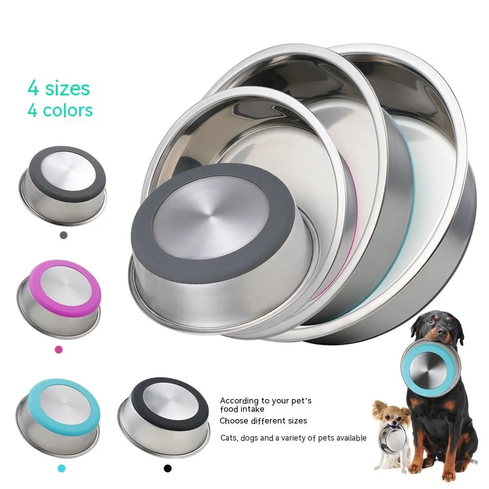 Silicone pet bowl with stainless steel interior in black, shown on floor with anti-slip ring around base