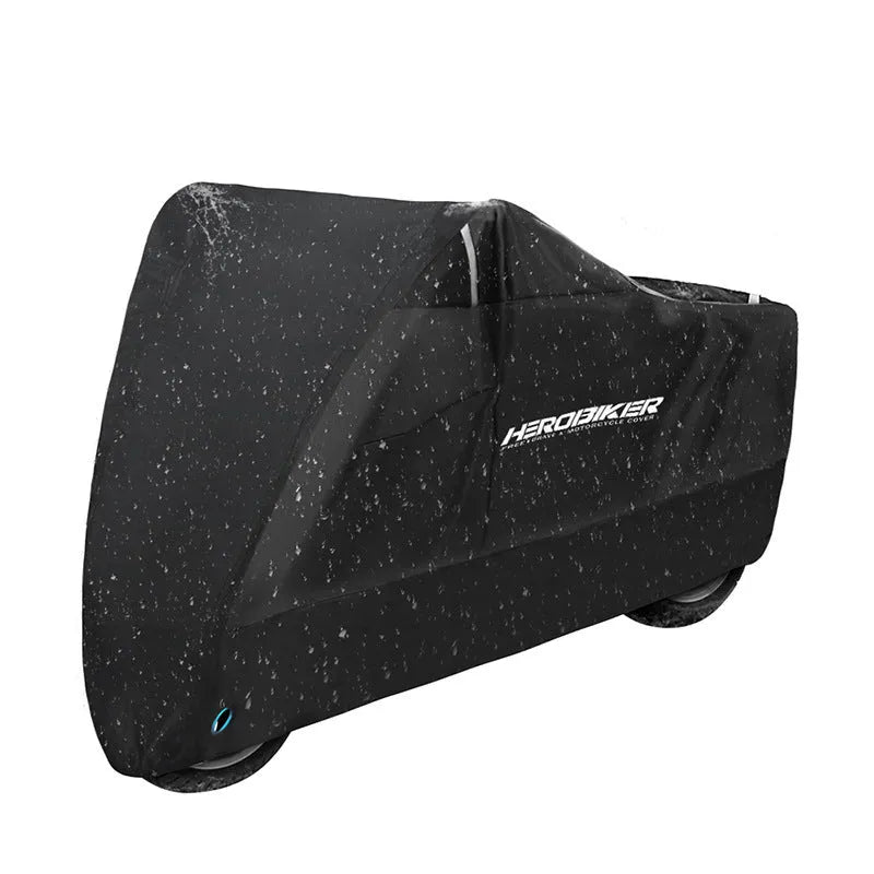 Motorcycle dust cover in black colour showing size options from M to XXXXL