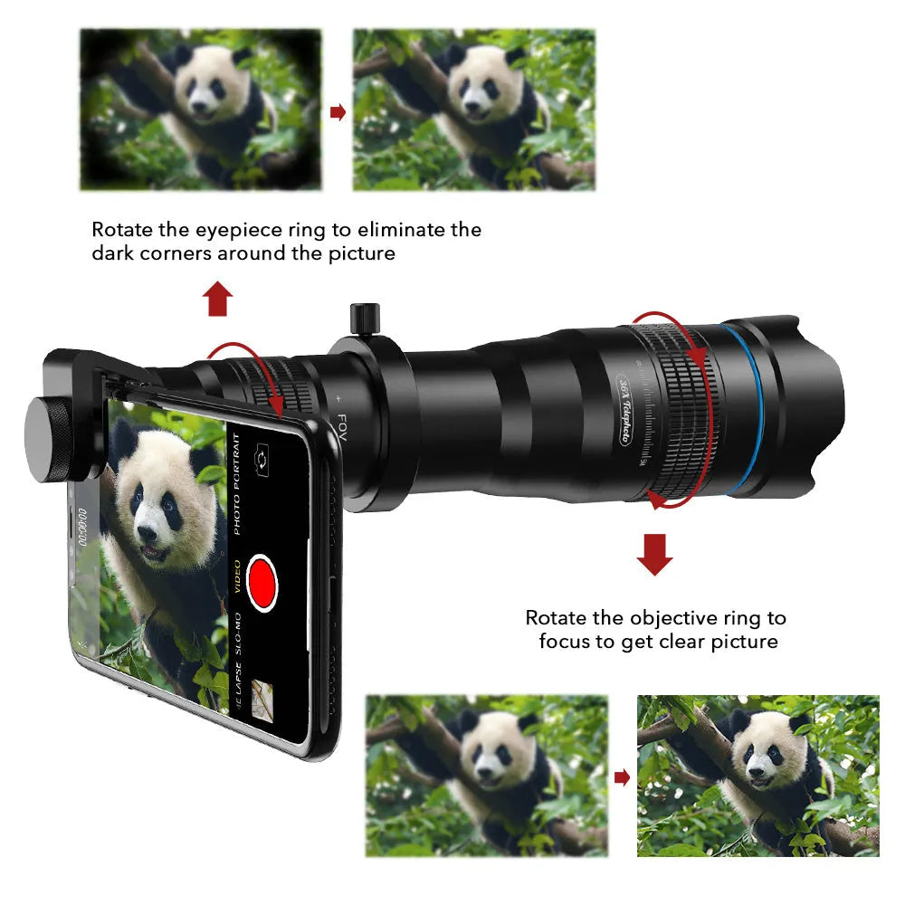 Black 36x optical zoom monocular lens attached to smartphone on adjustable tripod for outdoor photography