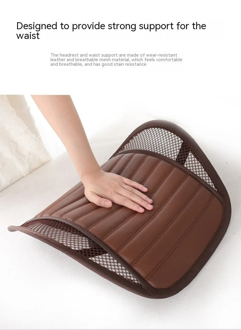 Memory foam lumbar support cushion with PU leather cover in sapphire blue, placed on a car seat.