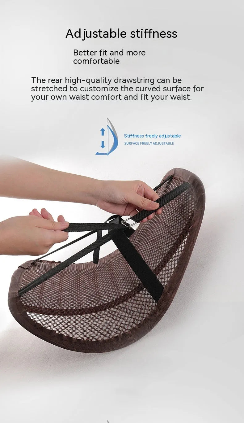 Memory foam lumbar support cushion with PU leather cover in sapphire blue, placed on a car seat.