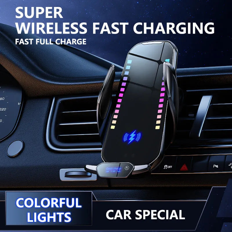 Silver car mobile phone holder with wireless charging dock mounted on a car air vent.