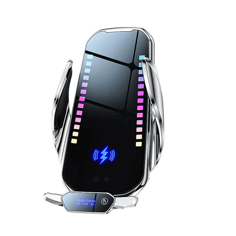 Silver car mobile phone holder with wireless charging dock mounted on a car air vent.