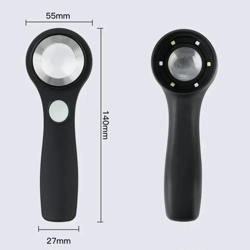 Black and silver metal 30x magnification appraisal magnifying glass with optical glass lens and USB C cable.