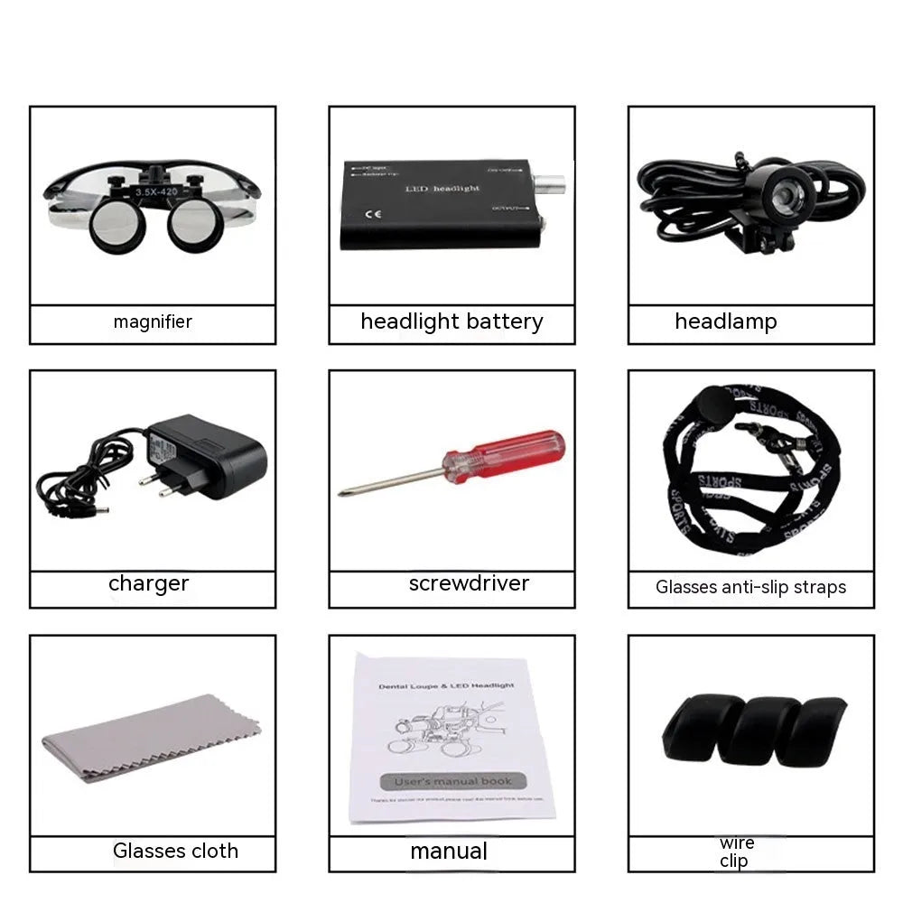 Black head-mounted LED magnifying glass with 3.5X magnification for dental and precision inspection work