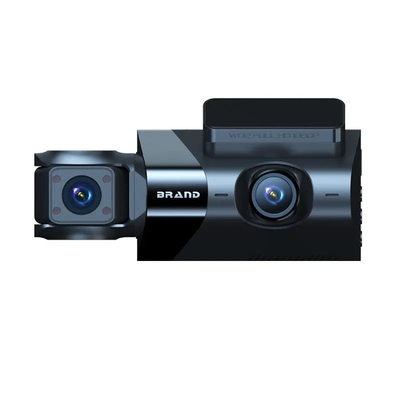 Black dash camera with 5-inch screen mounted on car windscreen showing GPS and WiFi functions