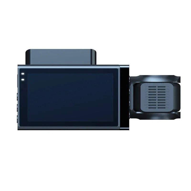 Black dash camera with 5-inch screen mounted on car windscreen showing GPS and WiFi functions