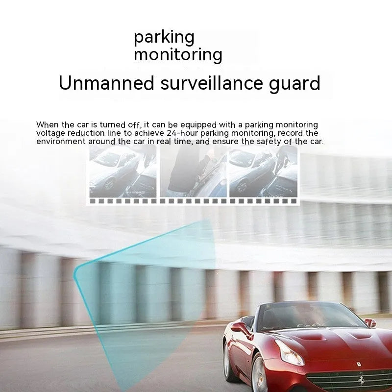 Black dash camera with 5-inch screen mounted on car windscreen showing GPS and WiFi functions