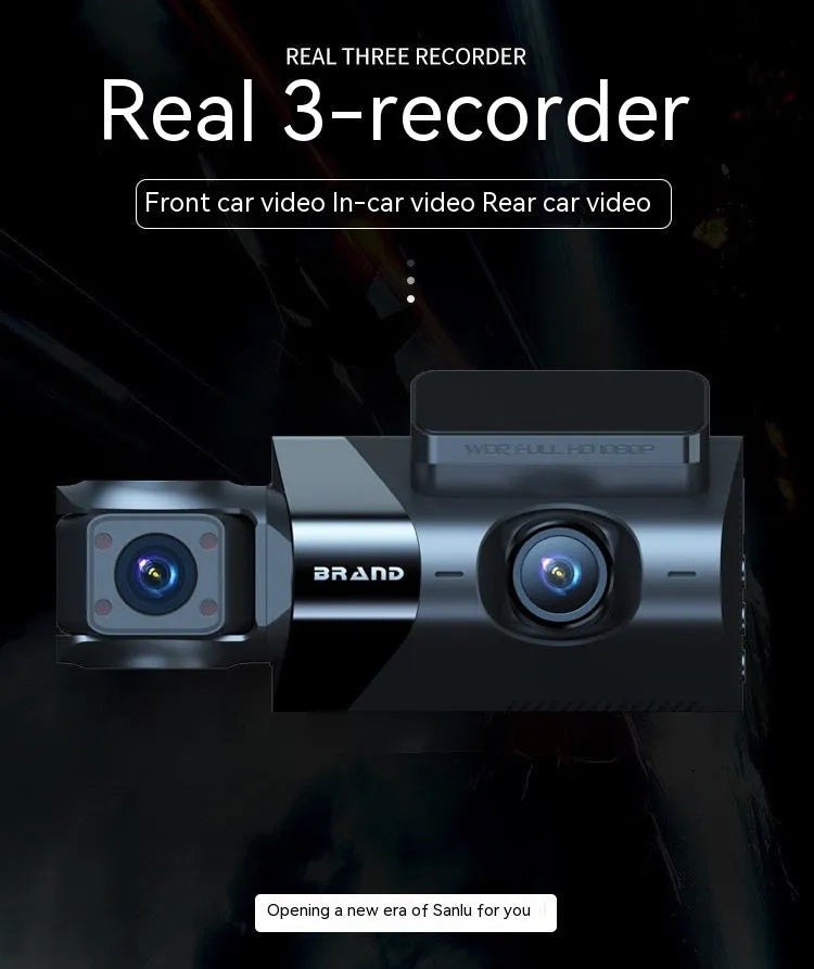 Black dash camera with 5-inch screen mounted on car windscreen showing GPS and WiFi functions