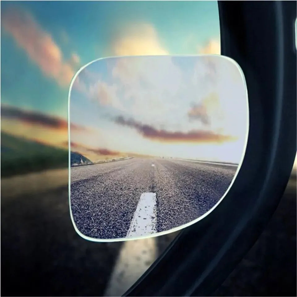 White glass car blind spot mirror with 360-degree adjustable mount and fan shape