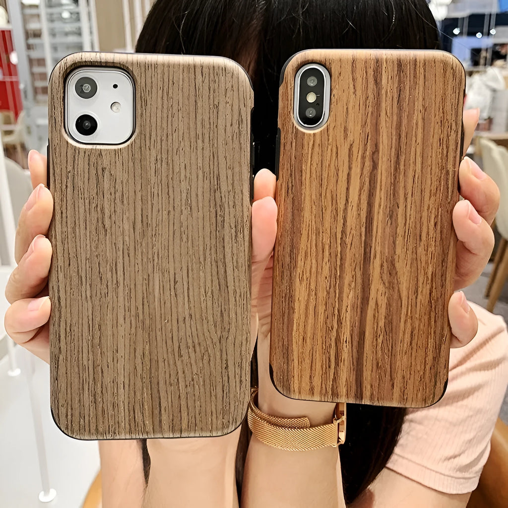 Wooden iPhone back cover case in rosewood finish showing precise cutouts for camera and ports.