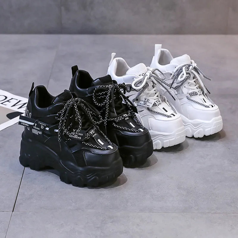 Women's white and black mesh platform sports shoes with cross-strap design and 6-8cm heel