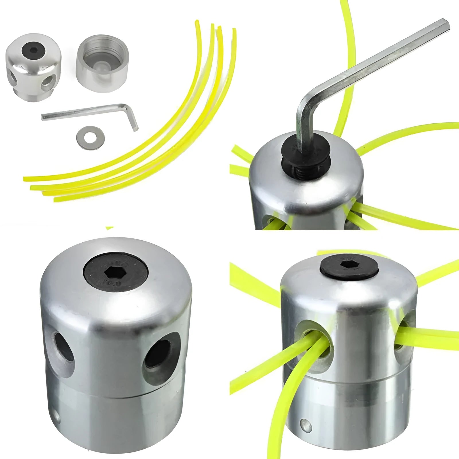 Silver aluminium lawn mower grass rope head with four light yellow square cutting lines and a wrench.