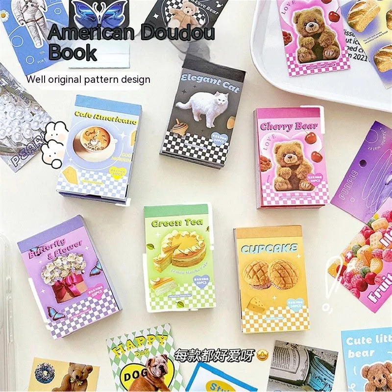 American retro cartoon mini sticker book showing 4x6cm adhesive stickers in six colour themes