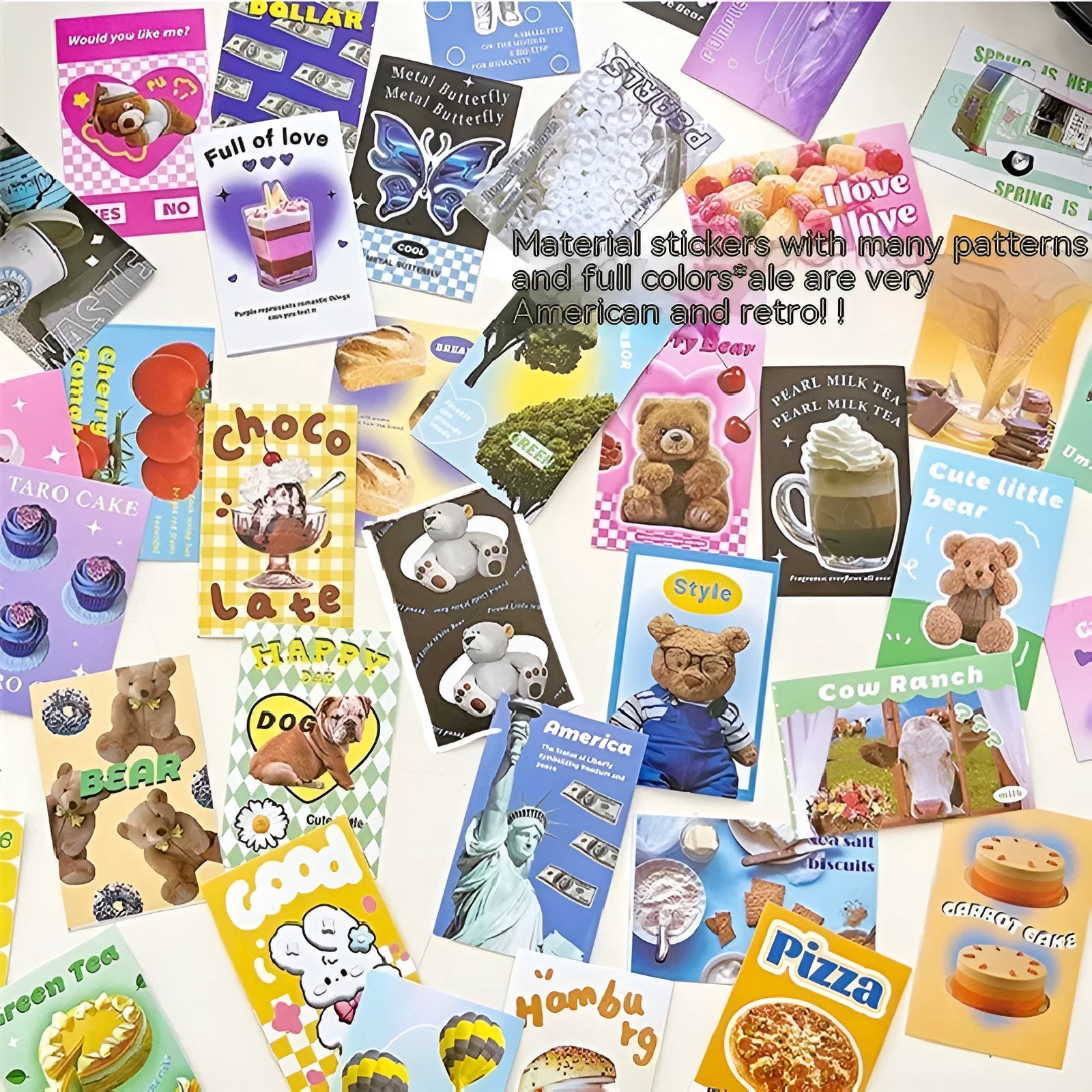 American retro cartoon mini sticker book showing 4x6cm adhesive stickers in six colour themes