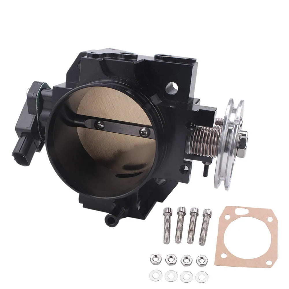Aluminium throttle body for Honda K20A engine, shows 70mm inlet and CNC machining, black finish.