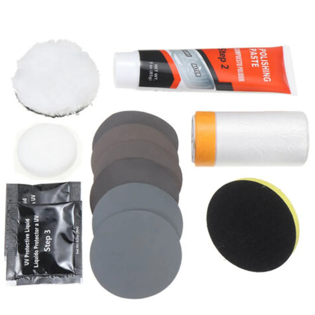 Carbon steel headlight repair tool kit for vehicle and machine repair, model style 10753.