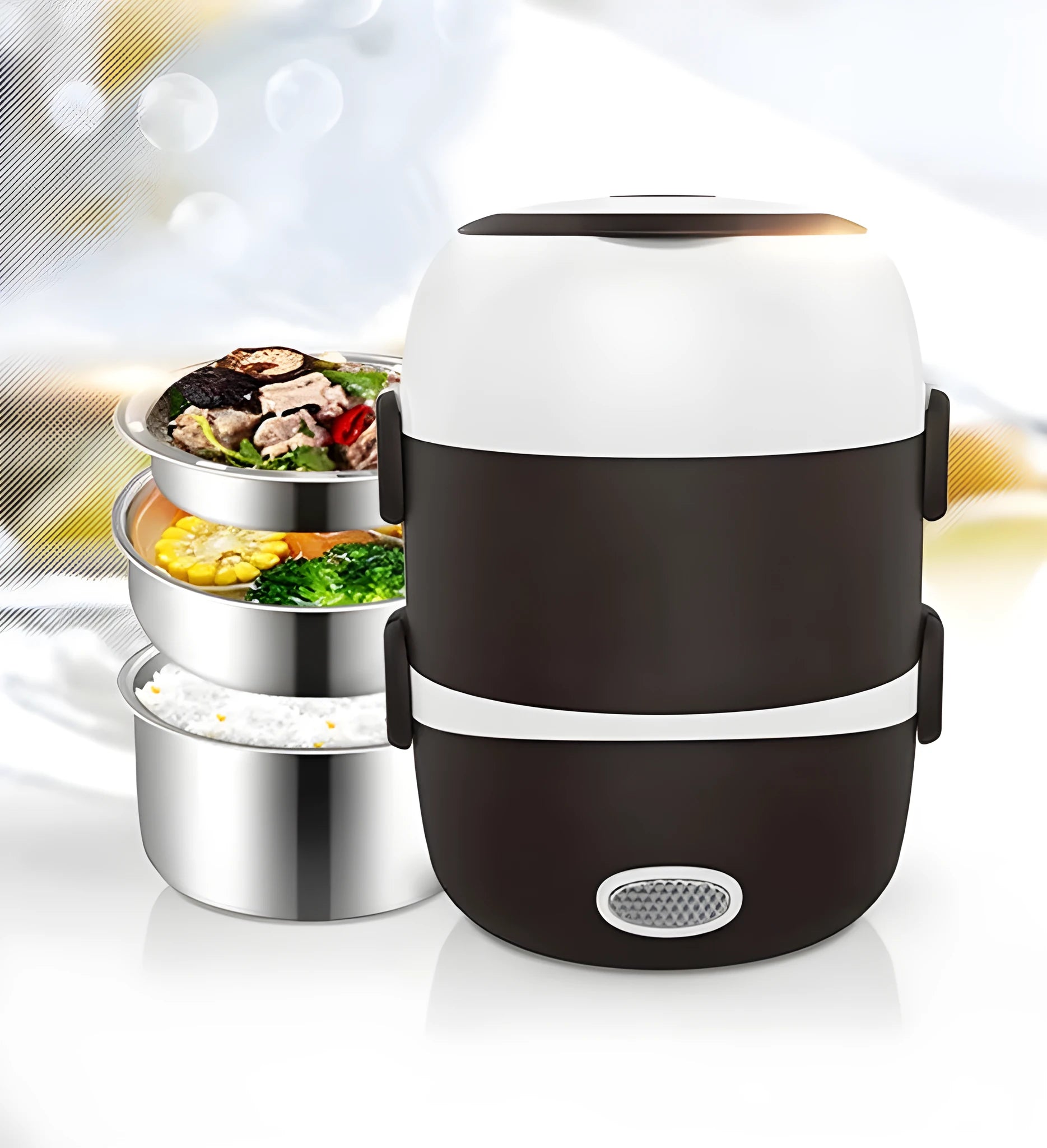 USB-powered electric food warmer lunch box with 190mm cube dimensions and dual capacity options