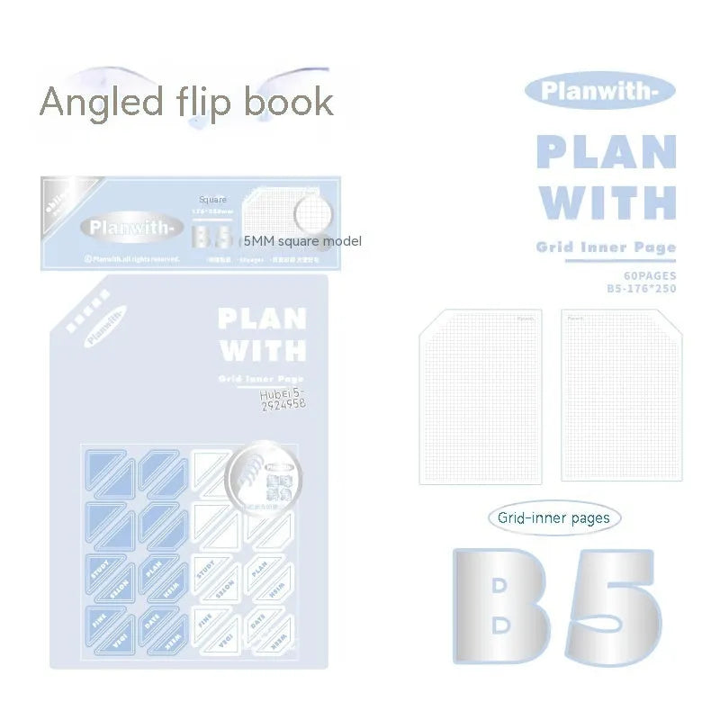 Artsy Ins style draft notebook showing A5 and B5 sizes with white and plaid blue cover options
