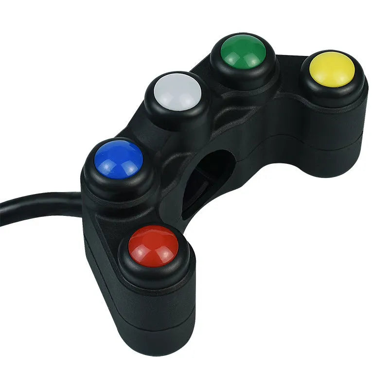 Plastic five-position switch with red, yellow, blue, green, and white buttons for motorcycle electrical modifications.