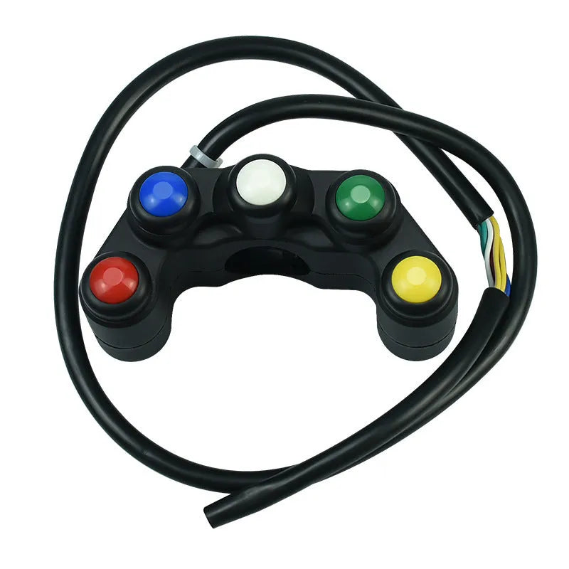 Plastic five-position switch with red, yellow, blue, green, and white buttons for motorcycle electrical modifications.