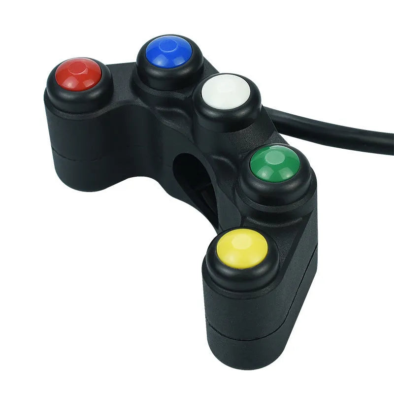 Plastic five-position switch with red, yellow, blue, green, and white buttons for motorcycle electrical modifications.
